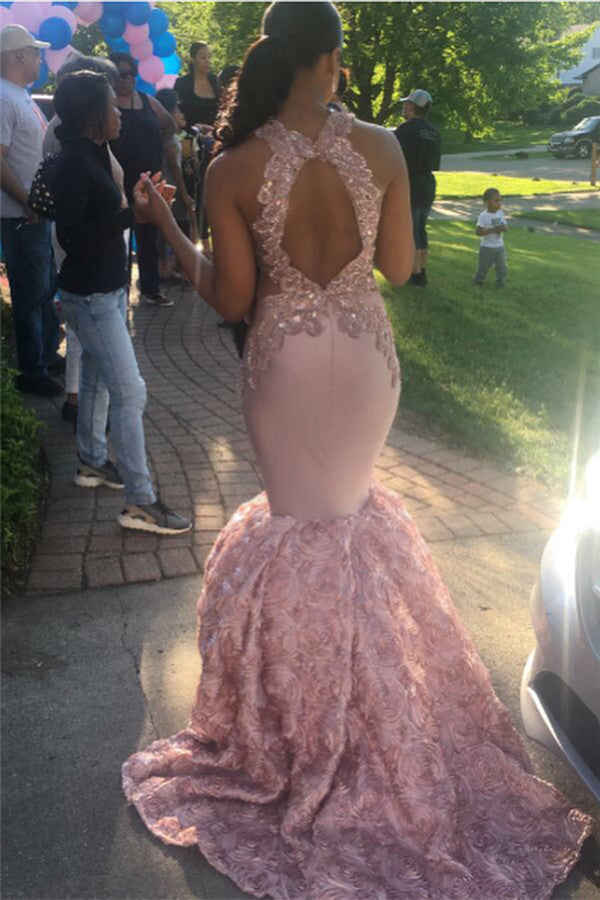 Wholesale Open Back Pink Fit and Flare Prom Dresses Real Model Series Sleeveless Appliques Graduation Dresses On Sale-showprettydress