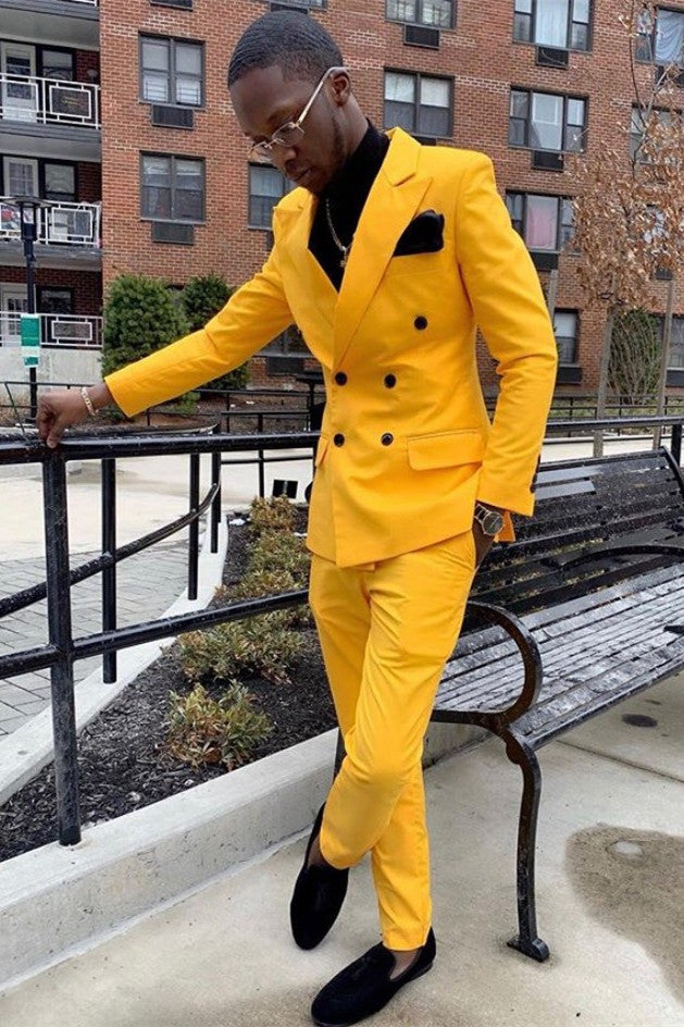 Yellow Double Breasted Peaked Lapel Slim Fit Men Suits – showprettydress