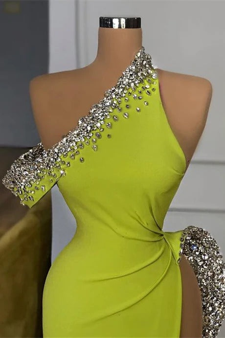 Yellow Green Long Mermaid One Shoulder Satin Slit Prom Dress With Crystals-showprettydress