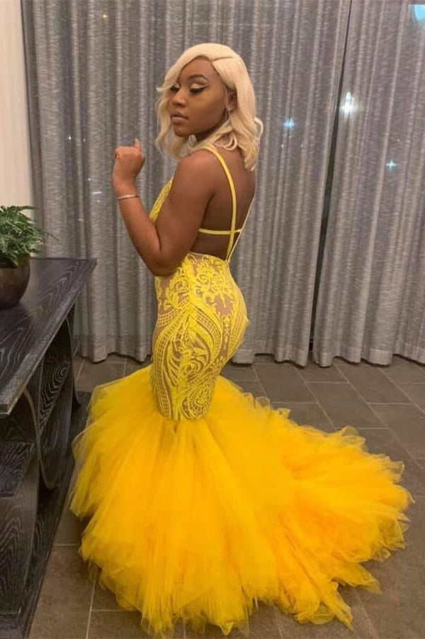 Yellow Mermaid Lace Puffy Tulle Open back Long Prom Party Gowns-showprettydress