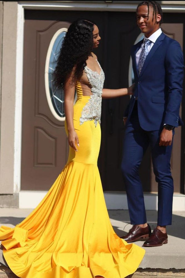 Yellow Sleeveless Mermaid Evening Prom Dresses Lace Appliques-showprettydress