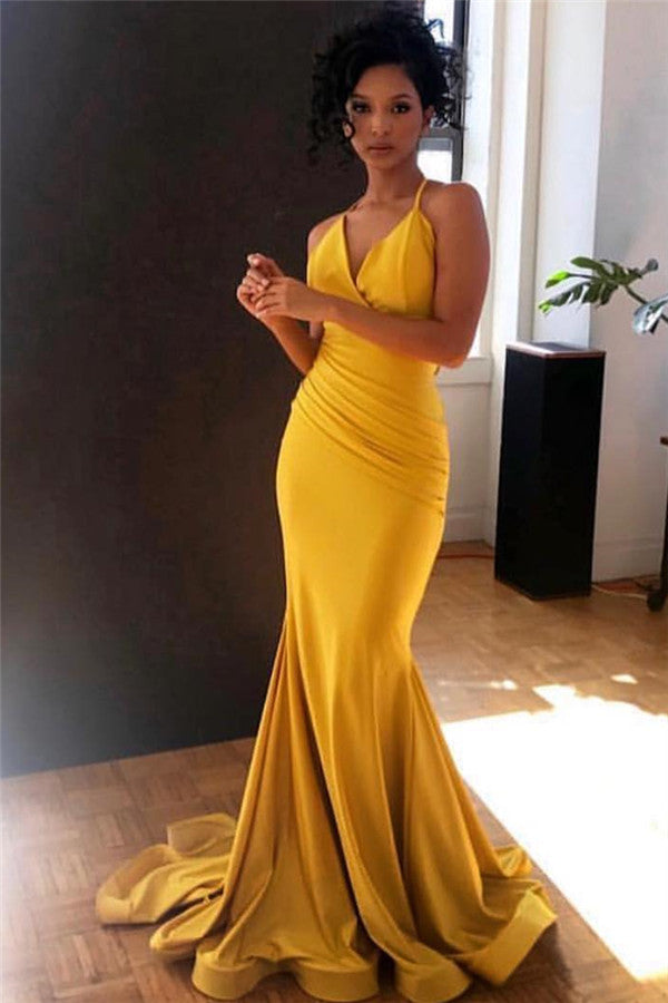 Yellow Spaghetti-Straps V-Neck Ruffle Mermaid Evening Gown-showprettydress