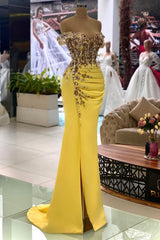 Yellow Mermaid Off-the-shoulder Satin Long Beading Prom Dresses With Slit - Showprettydress