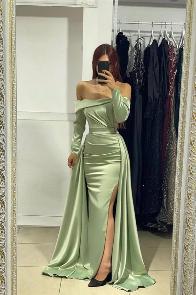 Fabulous Long Sleeves Mermaid Strapless Satin Evening Prom Dresses With Slit-showprettydress