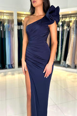 Dark Navy One Shoulder Mermaid Chiffon Long Prom Dress With Slit - Showprettydress