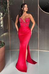 Sexy Strapless Mermaid Satin Long Beading Prom Dresses With Slit - Showprettydress