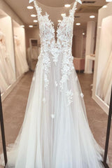 A-Line V-neck Chiffon Lace Open Back Long Wedding Dresses With Slit-showprettydress