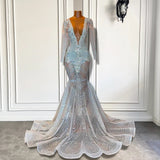 Mermaid Prom Dress with Deep V-Neck Long Sleeves Beadings