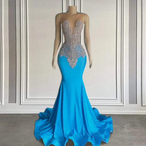 Long Mermaid Sleeveless Satin Beading Prom Dresses-showprettydress