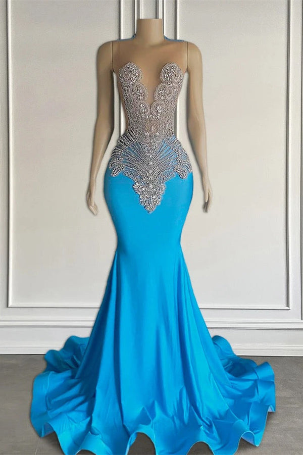 Long Mermaid Sleeveless Satin Beading Prom Dresses-showprettydress