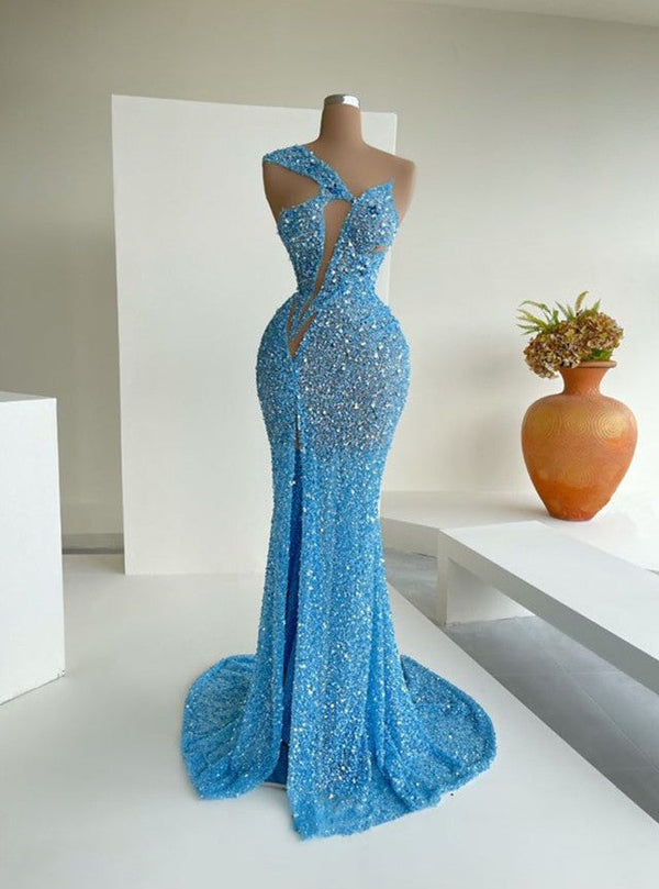 Long Sequins One Shoulder Mermaid Prom Dress With Split-showprettydress