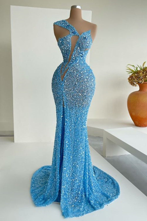 Long Sequins One Shoulder Mermaid Prom Dress With Split-showprettydress