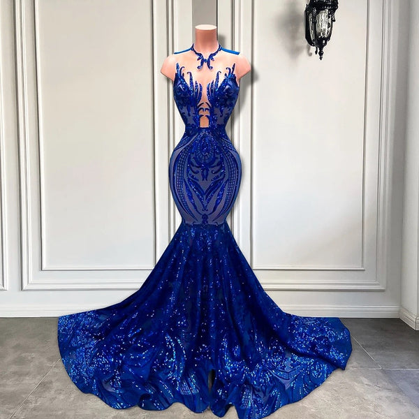 Long Sequins Royal Blue Sleeveless Mermaid Prom Dress-showprettydress