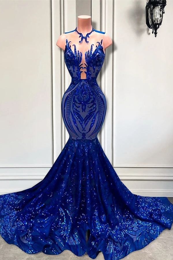 Long Sequins Royal Blue Sleeveless Mermaid Prom Dress-showprettydress