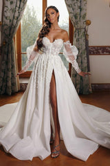 Off-the-Shoulder A-Line Long Sleeves Tulle Lace Wedding Dresses With Slit-showprettydress