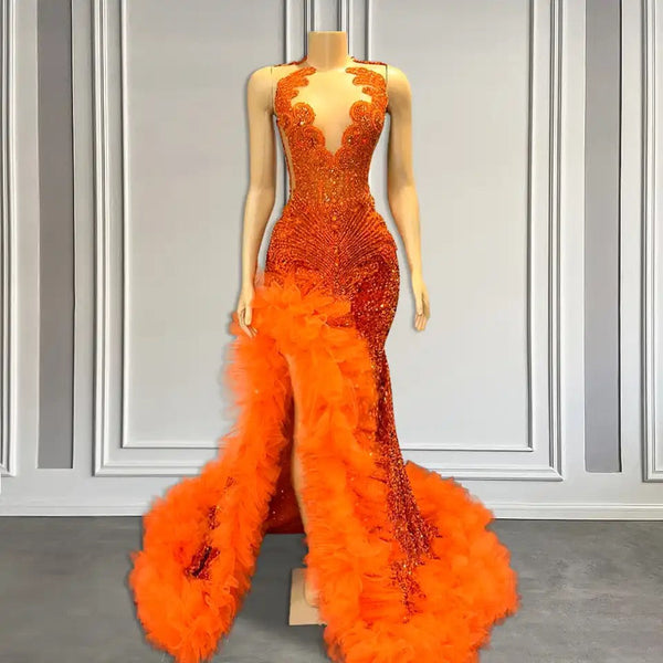 Orange Long Sleeveless Mermaid Prom Dress with Side Slit-showprettydress