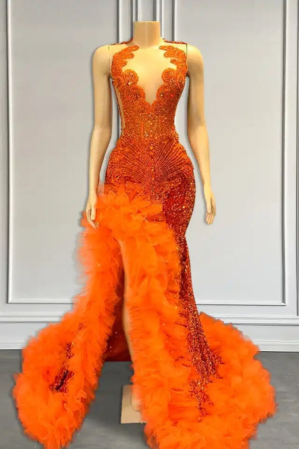 Orange Long Sleeveless Mermaid Prom Dress with Side Slit-showprettydress