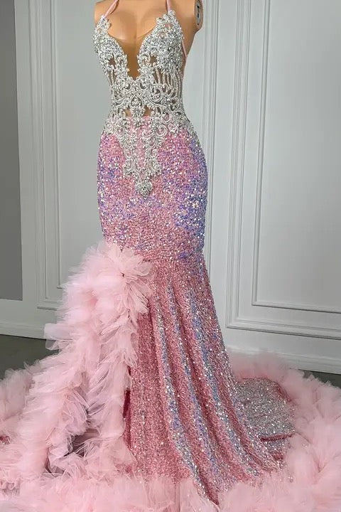 Pink Long Halter Sequins Beadings Mermaid Prom Dress with Slit-showprettydress