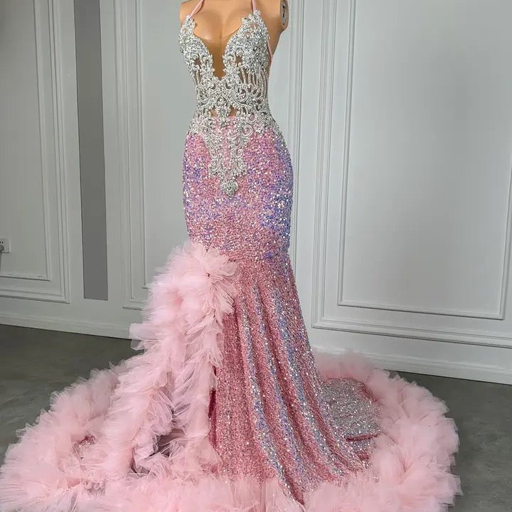 Pink Long Halter Sequins Beadings Mermaid Prom Dress with Slit-showprettydress