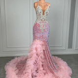 Pink Long Halter Sequins Beadings Mermaid Prom Dress with Slit-showprettydress