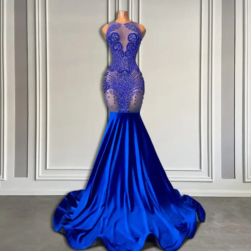 Royal Blue Long Scoop Neck Sleeveless Mermaid Prom Dress with Beadings-showprettydress