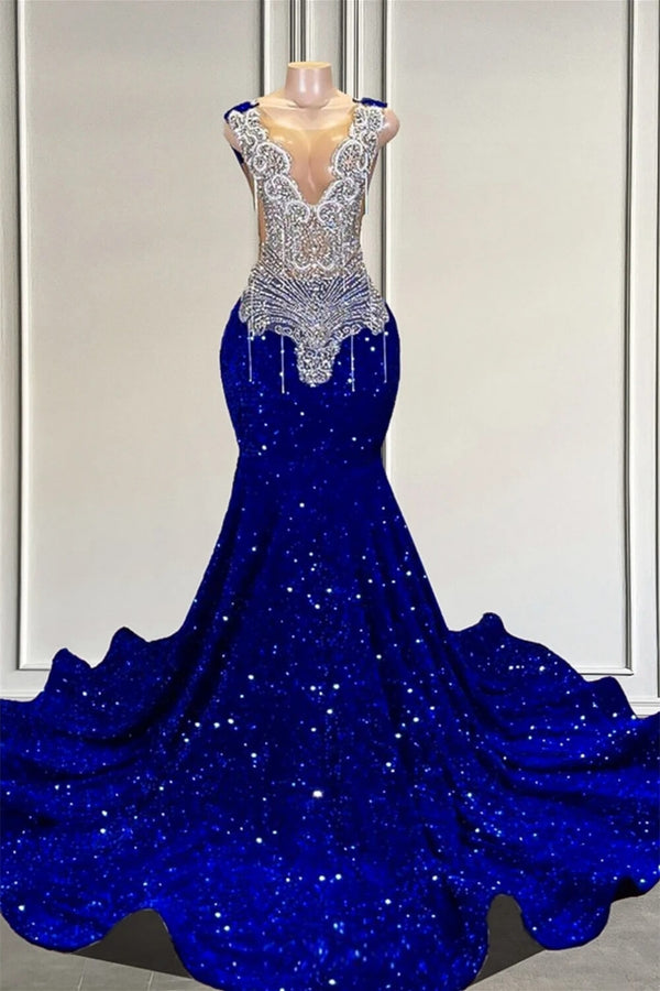 Royal Blue Long Sleeveless Sequins Mermaid Prom Dress with Beadings-showprettydress